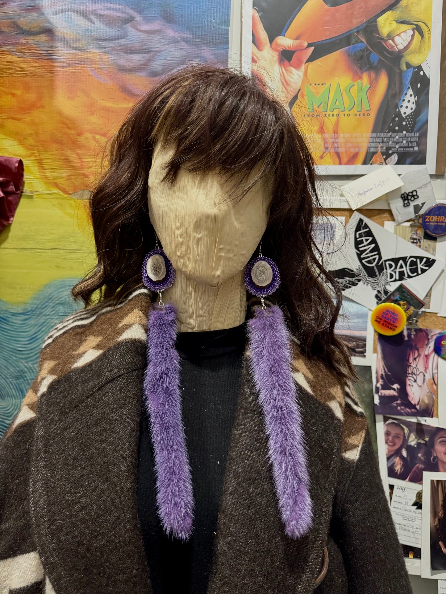 Deer Antler with Purple Mink Earrings