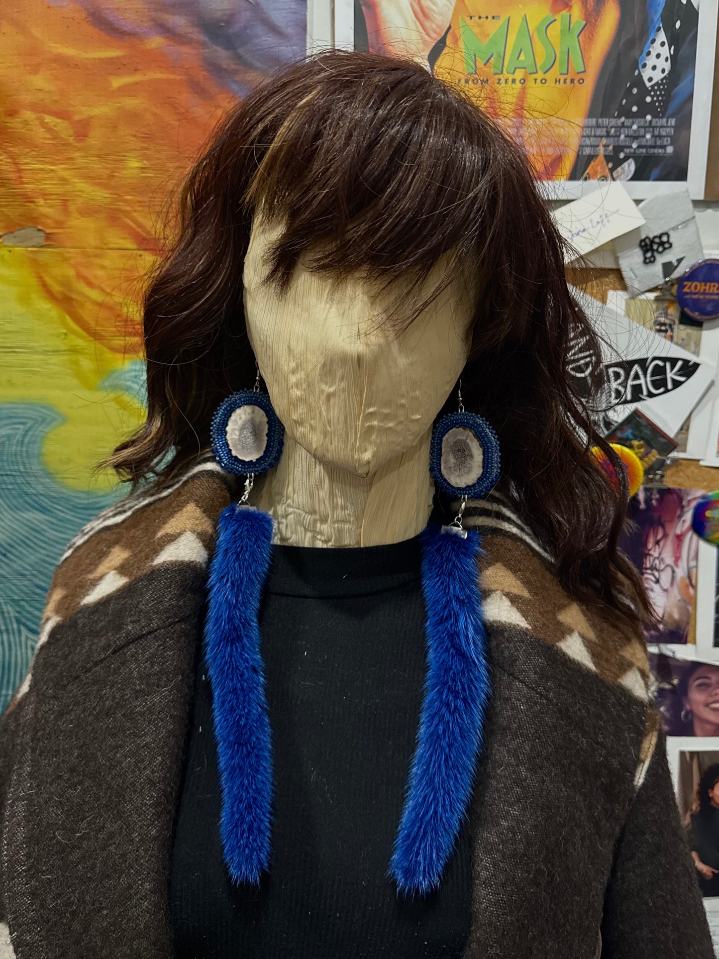 Deer Antler with Blue Mink Tail Earrings